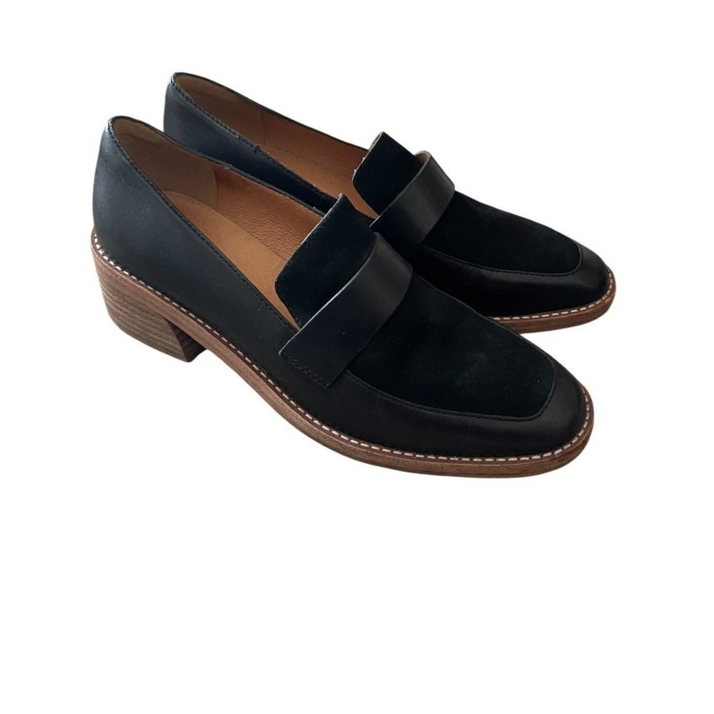 Madewell Women black The Heeled Loafer 7.5 Leather Suede Block Heel MA430 2"heel